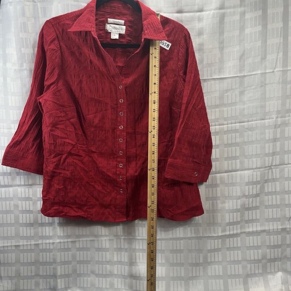 CJ Banks Womens Red Blouse Size X Snap Button Collared 3/4 Sleeve - Picture 7 of 16